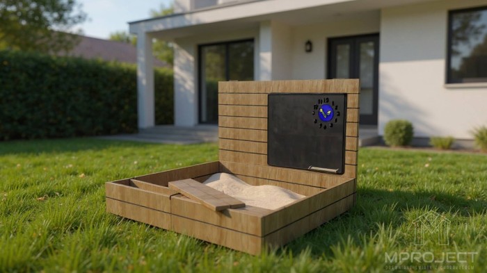 Sandkasten mit Tafel und Uhr